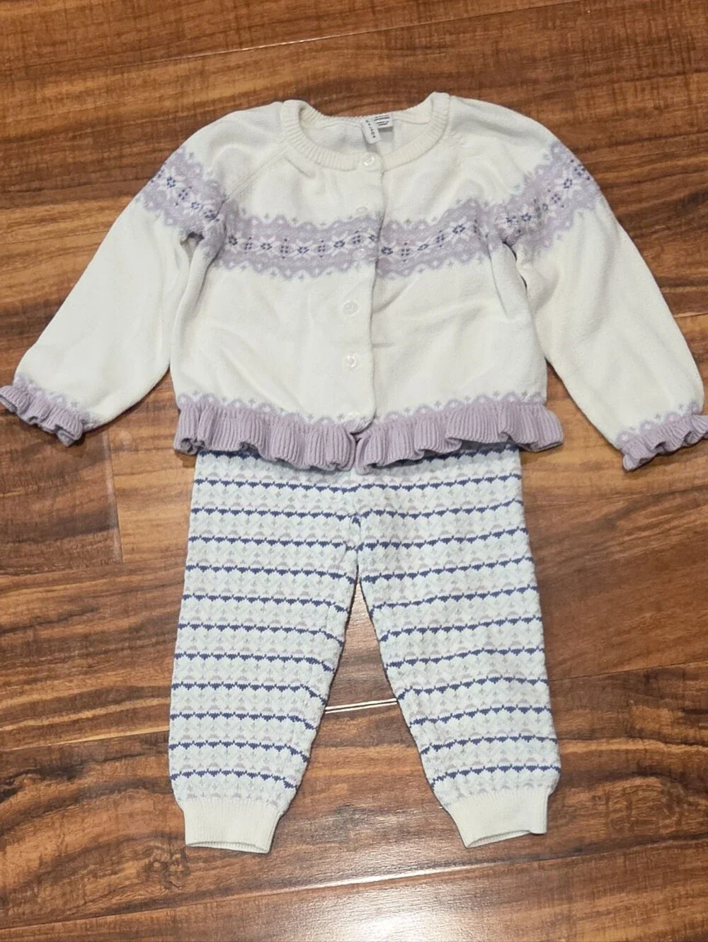 Janie and Jack EUC 18-24 months ivory and purple fair isle sweater and pants set